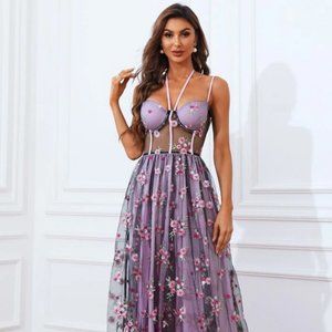 Floral embroidered mesh dress.